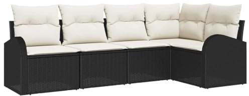 vidaXL Garten-Sofa-Set mit Kissen 5 pcs Schwarz und Weiß Poly Rattan, Garten und Terrasse, modernes Lounge-Set, strapazierfähige rechteckige Sectional, verstellbare Füße, UV-beständig
