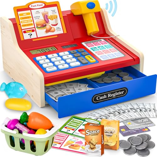 maysida Cassetta giochi per bambini dai 3 anni in su, cassa in legno con scanner, suono, soldi e accessori – regalo di compleanno