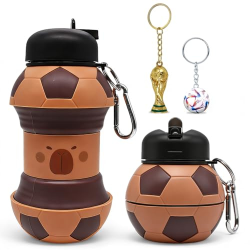 CYGMRFH Borraccia Silicone Design Calcio per Bambini e Adulti, Capybara Borraccia Calcio con Portachiavi a Forma di Football & trofeo,Bottiglia Adatta a Campeggio Viaggi Sport (-A)