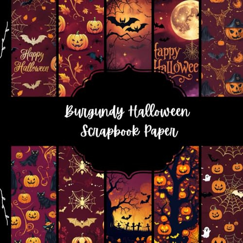 Burgundy Halloween Scrapbook Paper, October Junk Journal Paper, Spooky Decorative Paper, DIY Projects, Origami, Collage Sheets, Decoupage Paper, 10 Designs, Double Sided