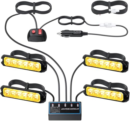 DTEANJU Kit 4x luces estroboscópicas 6LED 12V/24V, Luces de Emergencia Homologada E57, luces de emergencia, señalización ámbar IP65 para camiones,8 Modo de Flash, furgonetas y vehículos de trabajo