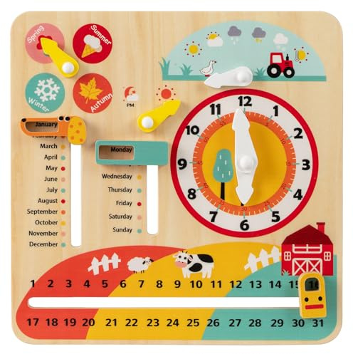 COSTWAY Lernuhr Kinder, Kinderkalender mit Jahreszeiten, Wetter, Tag, Nacht, Monat, Woche & Datum, Montessori Holzspielzeug für Kleinkinder ab 1 Jahr