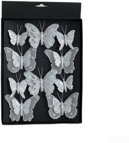 Glitzer Schmetterling Weihnachtsschmuck mit Clip Befestigung zum Aufhängen an Bäumen und saisonaler Dekoration Kunststoff Anhänger mit ausgehöhltem Muster (Silber)