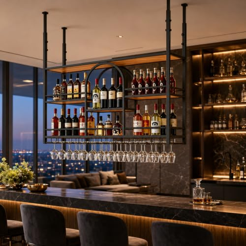 Portabottiglie da Soffitto con Altezza Regolabile, Scaffale Vino Sospeso in Metallo con Portacalici Integrato, Portabottiglie Industriale Salvaspazio per Cucina, Soggiorno, Home Bar (BLACK, 100cm)