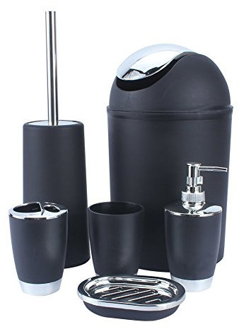 SHINE BATHROOM SET 6 PIECE ACCESSORY BIN SOAP DISH DISPENSER TUMBLER TOOTHBRUSH HOLDER (BLACK)