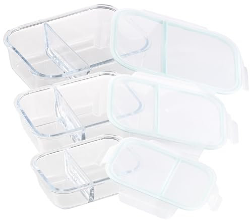 Rosenstein & Söhne Glasschüssel mit Deckel: 3er-Set Glas-Frischhaltedosen, Klick-Deckel, 2 Kammern, -40 bis 450 °C (Glasschale mit, Glasschüsseln mit, Aufbewahrungsschalen)