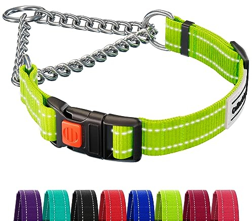 CollarDirect Martingale Dog Collar with Stainless Steel Chain and Quick Release Buckle - Reflective Collar for Large, Medium, Small Dogs - Lime Green, Large (Neck Size 17-22)