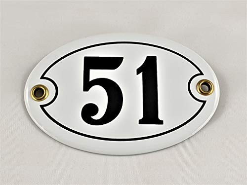 Emaille Hausnummer Schild Nr. 51, oval, Weiß-Schwarz Handarbeit