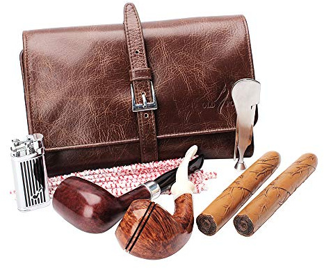 OLD FOX Cigarrväska fodral hållare äkta läder retro väska påse tobaksrör brun FC008
