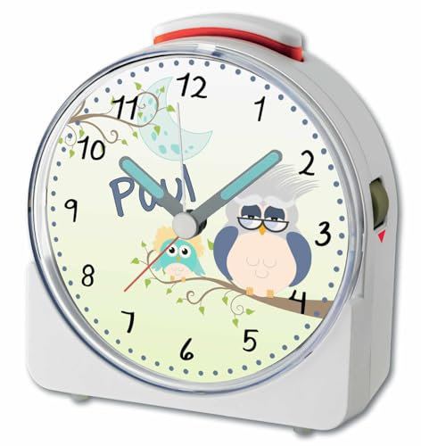 CreaDesign, WU-71-1024, Eule Opa, analog Kinderwecker weiß, Funkwecker mit Sweep-Uhrwerk und fluoreszierenden Zeiger und Licht, personlisiert mit Namen, 10,2 x 4,6 x 11 cm
