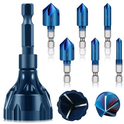 CYLBAQ 7pcs Countersink Drill Bit Deburring Chamfer Tool Set, 5 Flute 90 Degree Countersink Drill Bit Set, HSS Nano Blue Coated Countersink Bits for Wood, Hex Shank Quick Change Bit 6mm-19mm