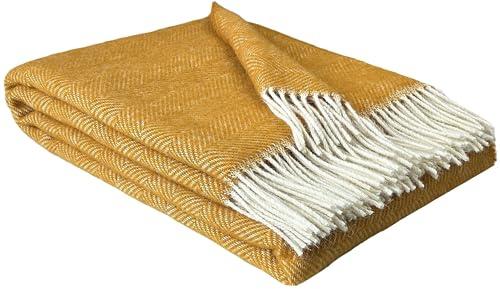 STTS International Wolldecke 100% Schurwolle Wohndecke in versch. Farben 140 x 200 cm Tagesdecke Schurwolldecke Woll-Plaid Nord (C Weiß-Senf)