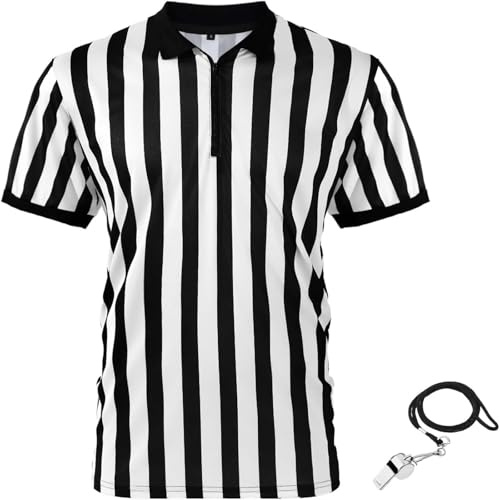 Syhood Referee Shirt Soccer Jersey Men Women, Official Black White Striped Football Basketball Ref Shirt Jersey with Whistle(X-Large)