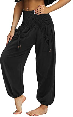 Nuofengkudu Mujer Hippie Pantalon Harem Elásticos Cintura Alta Bolsillos Bombachos Tailandes Hombre Comodos Yoga Pants Pantalones Unisex Pijama Verano Playa Fiesta Viaje Casual Negro M