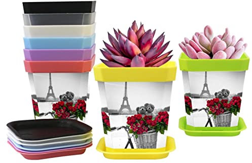 Macetas cuadradas de 7 cm para interiores, Torre Eiffel de París con bicicleta, mini macetas de plástico para suculentas macetas de guardería con palet / bandejas, paquete de 8