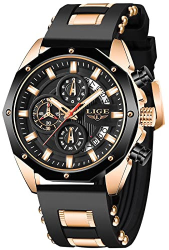 LIGE Herren-Armbanduhr, modisch, Chronograph, Edelstahl, wasserdicht, analog, Quarz, Leuchtend, großes Zifferblatt, Sport, klassisch, Uhr, Schwarz/goldfarben., 8.07, Riemen
