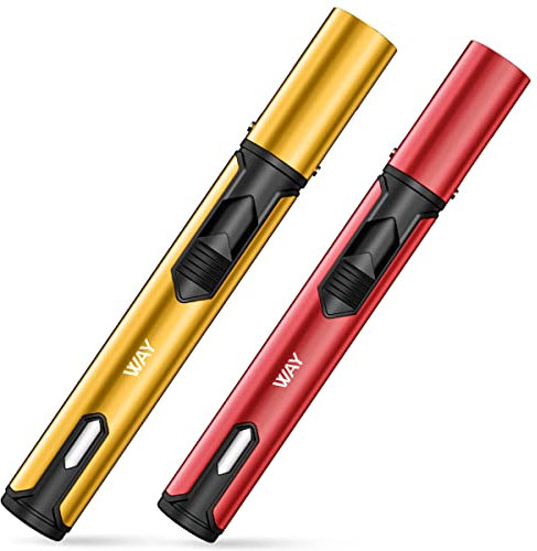 VVAY Accendino Jet Flame, Accendino a Gas Butano Ricaricabile, Accendino Antivento Lungo per Candele, Cucina, Campeggio, Barbecue, Camino. (Venduto senza Gas)(Oro e Rosso)