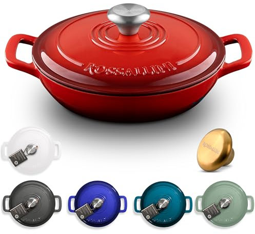 ROSSALLINI Signature Enameled Cast Iron Braiser, Non-Stick Serving Pot with Tight Fitting Lid for Perfect Roasting, Baking, Sauteing, Searing, and Pan Frying | 5Q (4.7L) - Red