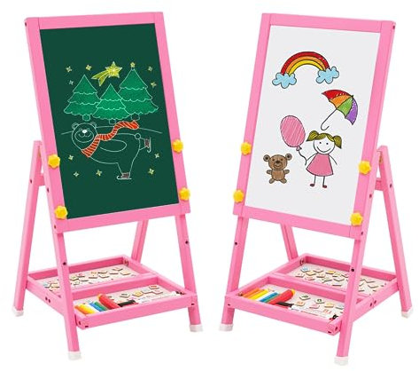 Caballete de Madera para Niños, Art Easel Pizarra Blanca de Doble Cara y Pizarra de Tiza Mini Rosa Caballete Infantil con Números y Otros Accesorios para Niños y Pequeños