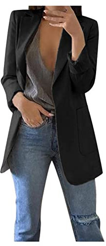 Blazer da donna, cardigan casual e leggero da donna con tasche, revers, manica lunga, impermeabile, giacca in pile elegante, giacca da lavoro, giacca lunga con tasche e bottoni, Nero , L