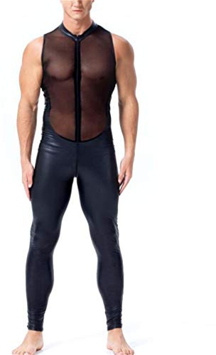 Rvlaugoaa Tuta Intera in Pelle e Pizzo da Uomo,Nero Senza Maniche ​Cerniera Bodysuit Body in Pelle,Tutine e Body Lizzo attice Jumpsuit Wetlook Catsuit (M)