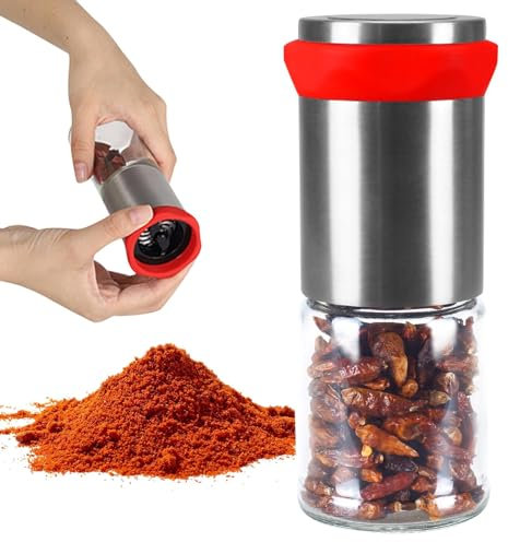 KLOP256 Cortador de chili de 100 ml, de acero inoxidable y cristal, 17,5 cm de altura, cortador de especias | molinillo de chili Pepe | Molinillo de sal | Cortador para especias