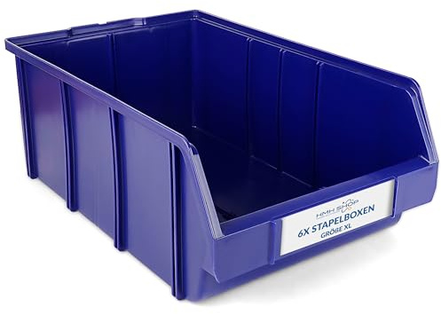 HMH Stapelboxen der Größe XL 489x304x185mm für dein Kleinteilelager, Sortierkisten in 5 Farben, Zubehör wie Deckel Trennsteg Beschriftungsfach Etikett Wandschiene Sichtkästen (Blau, 6 Stück)