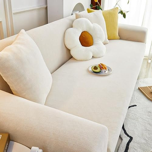 VanderHOME High Stretch Sofabezug Moderne Sofaüberwurf Chenille Strukturierter Elastische Sofahusse für Wohnzimmer Protector für Hunde Haustiere (2 Sitzer+1 Kissenbezug, Beige)