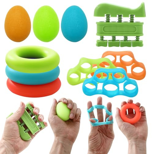 10 Piece Renfort de Préhension de la Main,bandes de résistance doigts, boules de pétrissage, anneaux de préhension, 3 niveaux de résistance Musculation Main