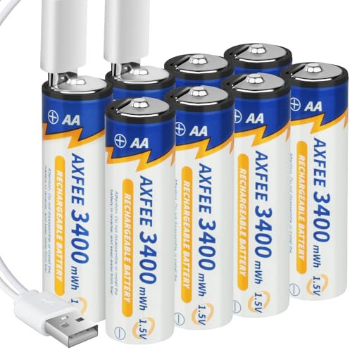 AXFEE Wiederaufladbare Lithium AA Akku, 8 Stück 1.5V 3400mWh USB-C AA Akkus Lithium mit 2-in-1 Ladekabel, Li-Ion Wiederaufladbare Batterien AA, 1H Schnellladung, 1500 Zyklen