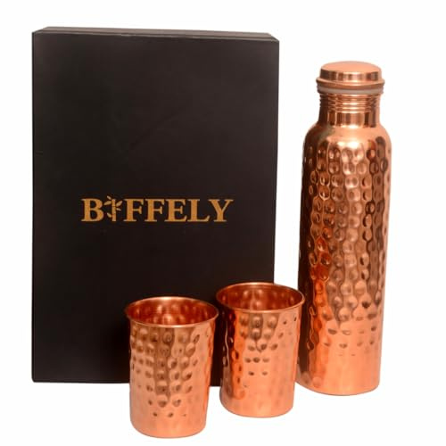 Bouteille d'eau en cuivre (1000 ml) avec 2 gobelets en cuivre, emballage cadeau | Bouteille en cuivre pur pour eau potable | Testée en laboratoire, étanche | Bouteille en cuivre ayurvédique