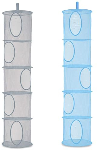 DHSWNNG 2 Stück Hängeaufbewahrung, 5 Stufen Hängeregal Mesh Faltbare Hängender Speicherkorb Hängende Netz-Aufbewahrungstasche Kuscheltiere Hängeregal für Spielzeug (Grau, Blau)