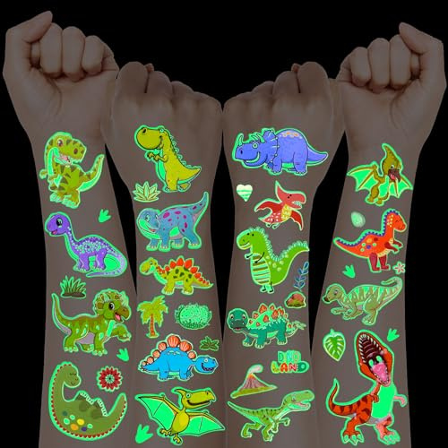 Dinosaurier Tattoos für Kinder - 12 Blätter Leuchtsticker, Deko für Schultüte und Kindergeburtstag