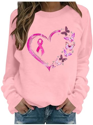 Cancer du Sein Octobre Ruban Rose Sweatshirt Femme Manches Longues Cancer du Sein Sensibilisation Rose Octobre Pullover Elegant Sweat Haut Shirt Tops col Rond La Rosée Lot Tee Shirt Automne Hiver