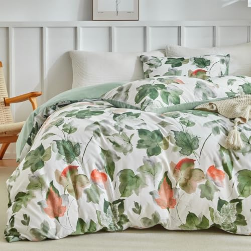 Lekesky Bettwäsche 200x200 3teilig + 2 Kissen 80x80, Grün Ahornblatt | 1 Bettbezug 200x200, 2 Kissenbezüge 80x80 mit Reißverschluss, Bedding mit Reißverschluss, Mikrofaser Maschinenwaschbar