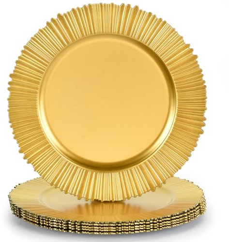 Kazozobi 13 Floral Gold Charger Plates, Classic Chargers for Dinner Plates, Reusable Plastic Table Setting Bulk Event, Party, Wedding, Festival, Baby Shower