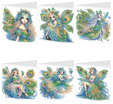 JISHSHAY 6 Pack Diamond Painting Grußkarten Pfau Elfen Feen Diamant Painting Bilder Hochzeitskarten Basteln Erwachsene Karte Danke Mosaik Bastelset Erwachsene Karte Geburtstag mit Umschlag