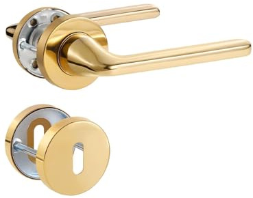 SORWDUERM Maniglia per porta Pvd Gold Set maniglia, acciaio inox opaco, maniglia per porta d'ingresso e porta interna, forma a L, rosetta rotonda, BB - Maniglia per letto