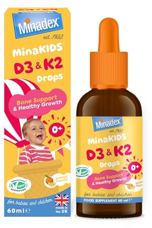 Minadex MinaKIDS D3 & K2 Drops – Delicious Orange Flavoured Supplement with 400 I.U D3, Essential Bone & Immune Support Vitamins for Babies and Children, Sugar-Free, Vegan, 60ml