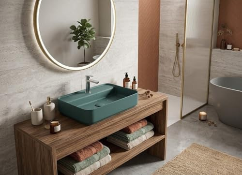 Lavabo rettangolare da appoggio senza troppo pieno in ceramica con foro rubinetto - Verde Petrolio Opaco