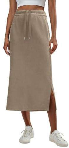 GRECERELLE Jupe maxi épaisse pour femmes - Automne et hiver - Anti-plis - Décontractée - Taille haute - Cordon de serrage réglable - Avec 2 poches profondes et fente latérale, kaki, M