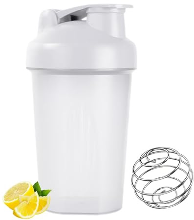 Shaker à protéines, shaker à protéines, 400 ml, shaker à protéines avec échelle de mesure et boule, pour le fitness, couvercle anti-fuite avec dragonne (blanc)