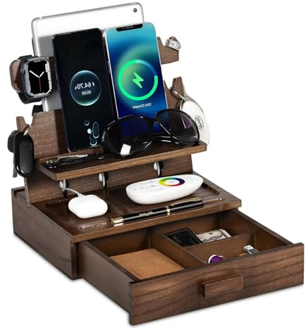 LNBEI Regali per uomini, donne, papà, marito, fidanzato, multifunzionale, in legno, docking station per comodino, organizer da comodino da scrivania, supporto per chiavi, portafoglio, orologio