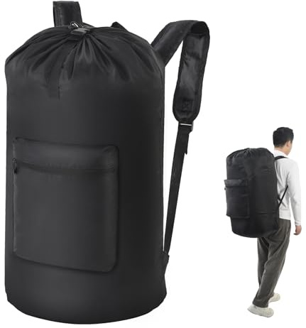 OTraki Sac À Linge Sac À Dos 81 × 41 Cm, Sac À Linge Sale Voyage Avec Bandoulière Et Poche Panier Linge Pliable Pochette Rangement Jouet Pour Camping Dortoir Appartements Buanderie Noir