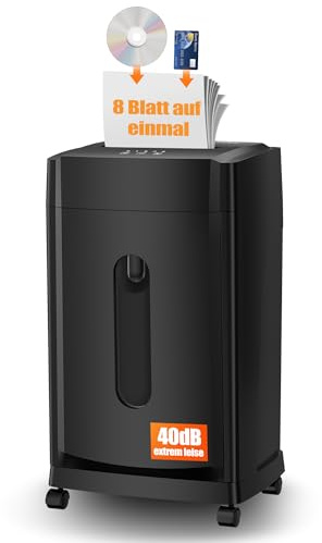 Professioneller Aktenvernichter – Geräuscharm 38 dB – 30 Min. Betriebsdauer – Mikroschnitt P-5 – 8 Blatt/1 CD – Herausnehmbarer 30-Liter-Abfallbehälter – Anti-Papierstau – Rollen – Für Büro/Zuhause