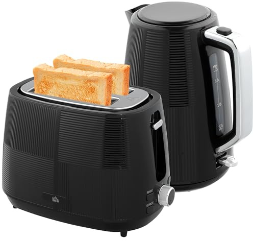 HOMCOM Wasserkocher Toaster Set 2200 W 1,7 Liter Doppelschlitz Toaster | Frühstücksset, mit Kalkfilter, 7 Röstgradstufen, Auftau- & Aufwärmfunktion