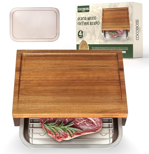 COCOBOSS Schneidebrett Holz mit Auffangschale, 35,5x25x8.7cm Akazien Schneidebrett mit Auffangschale, Deckel und Abkühlgitter