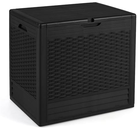 GiantexUK Garden Storage Box, Outdoor Large Deck Box with Lockable Lid, Waterproof Chest Container for Patio Cushions and Gardening Tools (Rattan Effect, 58 x 43.5 x 53cm, Black)