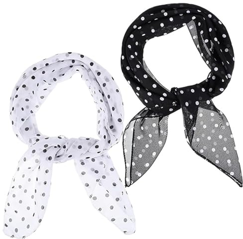 KYEDGC Polka Dot Scarf Set, 2Pcs Black and White Chiffon Scarves, Vintage 1950s Style neck scarf for women, Lightweight Neck and Hair Accessory, for Women and Girls