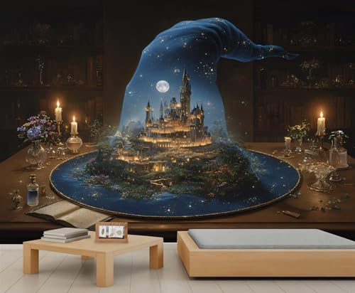Halloween-Zaubererhut, Wandbild, Fantasie, magisches Schloss, Wandbild, Tapete, Sternenhimmel, Mond, Tapete, Blumen, Bücherregal, antike Bücher, Mädchen, Schlafzimmer, Wandbilder, Wohnzimmer, Sofa